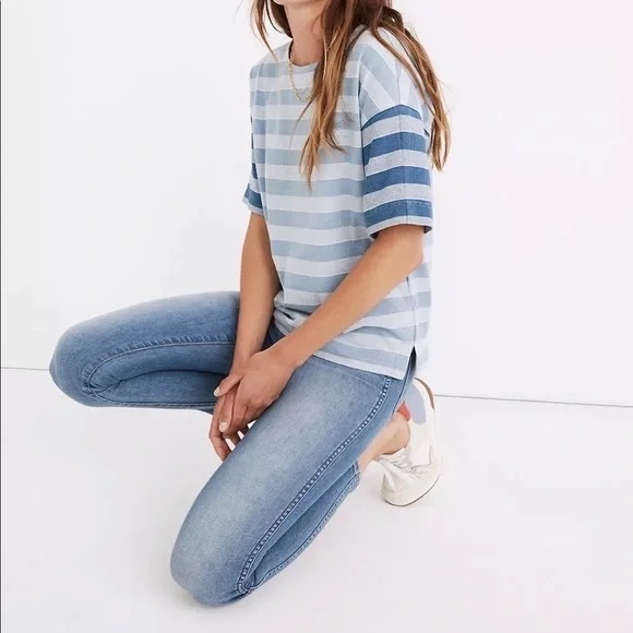 MADEWELL Indigo Stripe-Block t-shirt in light blue Size Small - Picture 2 of 11